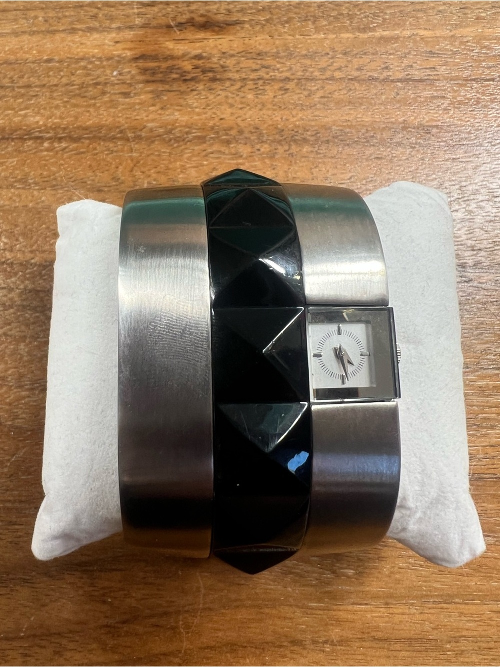Diesel Silver Tone Cuff Watch with Black Faceted Center
